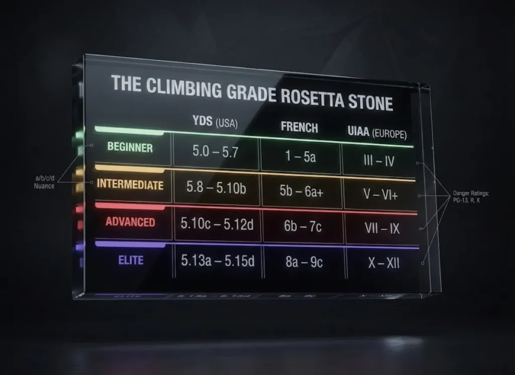 A technical "Rosetta Stone" comparison infographic for climbing grades. The visual features a sleek, multi-column table aligning YDS, French, and UIAA systems, color-coded by difficulty from Beginner to Elite, presented in a premium 3D digital-editorial style.