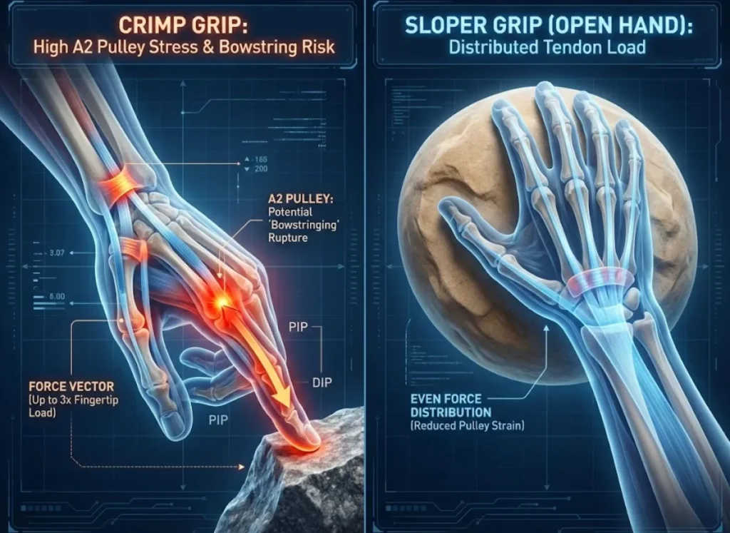 A medical infographic comparing the anatomy of a Crimp grip versus a Sloper grip in rock climbing. The left panel, "CRIMP GRIP," shows a skeletal hand with high stress on the A2 pulley and a "bowstringing" force vector. The right panel, "SLOPER GRIP," shows an open hand with evenly distributed force along the tendons.