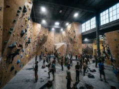 How Do Climbing Gyms Make Money? A Full Economic Breakdown A massive indoor climbing gym interior with high walls, climbers on ropes and bouldering mats, and chalk dust visible in the air.