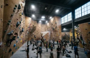 How Do Climbing Gyms Make Money? A Full Economic Breakdown A massive indoor climbing gym interior with high walls, climbers on ropes and bouldering mats, and chalk dust visible in the air.