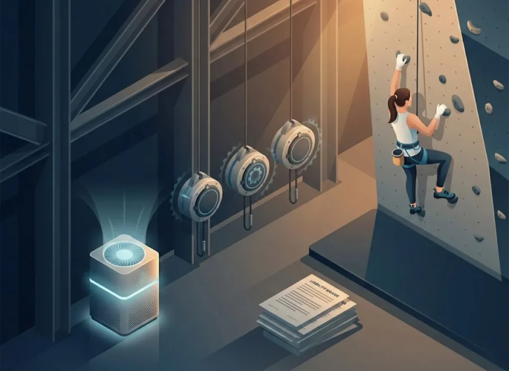 A dramatic editorial illustration depicting the hidden costs in a climbing gym: glowing air filters, stacks of liability waivers, auto-belay devices, and a massive steel superstructure.