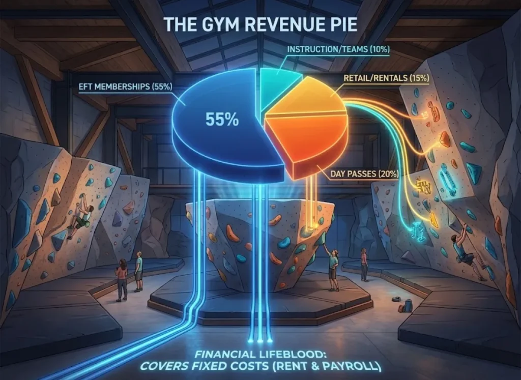 A sophisticated 3D infographic displayed as a glowing holographic pie chart inside a modern climbing gym. The chart, titled "THE GYM REVENUE PIE," shows a 55% slice for EFT Memberships anchoring the facility's foundation, with smaller slices for Day Passes (20%), Retail/Rentals (15%), and Instruction/Teams (10%) fueling growth.