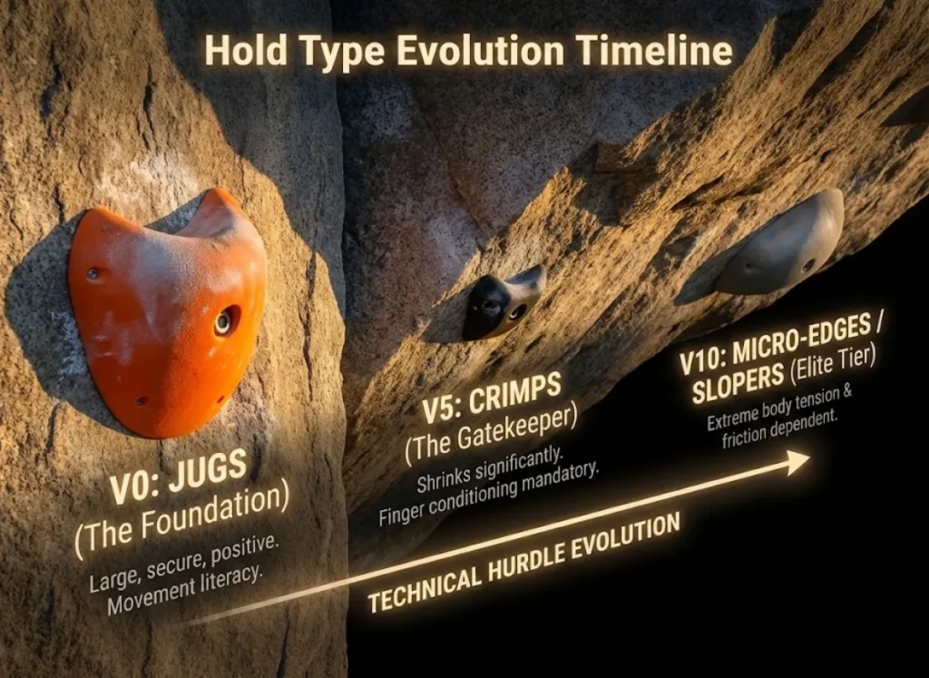 A semantic infographic titled "Hold Type Evolution Timeline," illustrating the progression of rock climbing holds across difficulty grades on a textured wall cross-section. From left to right: a large V0 Jug, a small sharp V5 Crimp, and a barely-there V10 Micro-edge/Sloper, with the wall angle increasing in steepness at each stage.