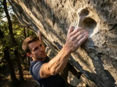 Climbing Hold Shapes: Types, Grip & Biomechanics A rock climber reaching for a hold on a steep cliff, highlighting forearm muscle tension and grip technique.