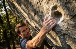 Climbing Hold Shapes: Types, Grip & Biomechanics A rock climber reaching for a hold on a steep cliff, highlighting forearm muscle tension and grip technique.
