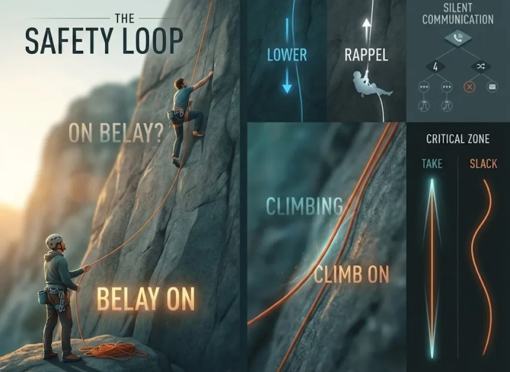 A high-definition, premium infographic illustrating the 'Safety Loop' of rock climbing verbal commands. The visual features a stylized rock face with two climbers and dynamic 3D text labels like 'On Belay' and 'Belay On' integrated into the scene's lighting and geometry.