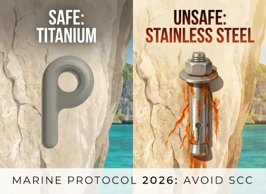 A professional side-by-side comparison of rock climbing bolts on a limestone cliff overlooking the sea. On the left, a dull grey Titanium glue-in bolt is labeled "SAFE," and on the right, a rusty stainless steel expansion bolt with a hex nut is labeled "UNSAFE."