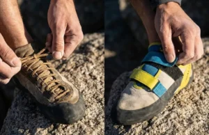 Climbing Shoe Laces vs Velcro: Technical Decision Matrix A side-by-side close-up comparison of a lace-up climbing shoe being tied and a velcro climbing shoe being strapped on a granite rock surface.