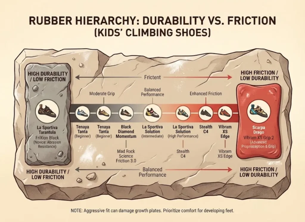 A bar chart infographic titled 'RUBBER HIERARCHY: DURABILITY VS. FRICTION (KIDS' CLIMBING SHOES)'. The left side, labeled 'HIGH DURABILITY / LOW FRICTION', shows a thick grey bar for 'FriXion Black' with a 'Novice' label and a 'La Sportiva Tarantula' shoe icon. The right side, labeled 'HIGH FRICTION / LOW DURABILITY', shows a thinner red bar for 'Vibram XS Grip 2' with an 'Advanced' label and a 'Scarpa Drago' shoe icon. Text about 'Proprioception' and 'Growth Plates' is included.