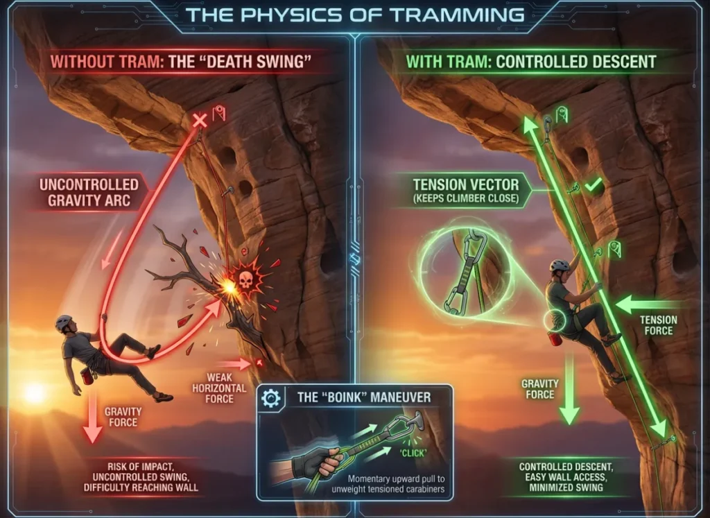 A technical infographic illustrating rock climbing's "Tramming" technique. A split side-view diagram comparing two scenarios on an overhanging cliff: on the left, an uncontrolled 'Pendulum Swing' trajectory away from the wall, and on the right, a controlled descent using a 'Tram' quickdraw connected to the belayer's rope strand, keeping the climber close to the bolt line. Vectors and labels explain the physics.