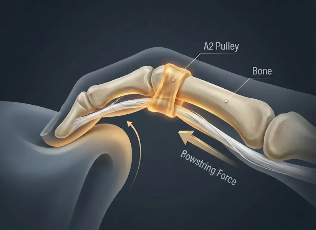 A detailed biomedical cross-section of a human finger in a climbing crimp position, visually demonstrating the Bowstring Effect. The illustration highlights the tension in the flexor tendon and the mechanical load on the A2 pulley against the bone.
