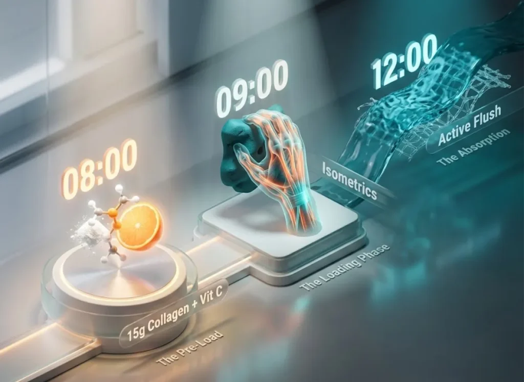 A premium 3D vector-style infographic illustrating the "24-Hour Growth Clock" for tendon health. The image depicts a timeline from 08:00 to 12:00 showing collagen intake, isometric loading on a climbing hold, and active recovery, visualized with high-end medical and athletic aesthetics.