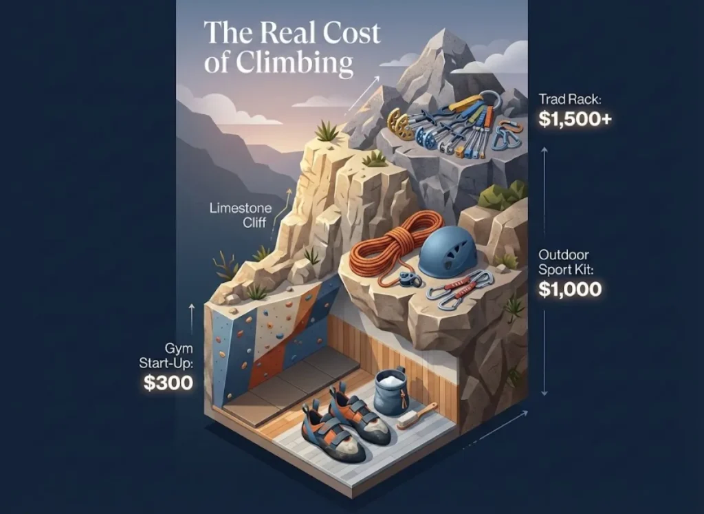 A stylized, isometric 3D infographic depicting a mountain cross-section divided into three cost tiers. The base shows indoor gear labeled $300, the middle shows outdoor sport gear labeled $1,000, and the summit shows a trad rack labeled $1,500+.