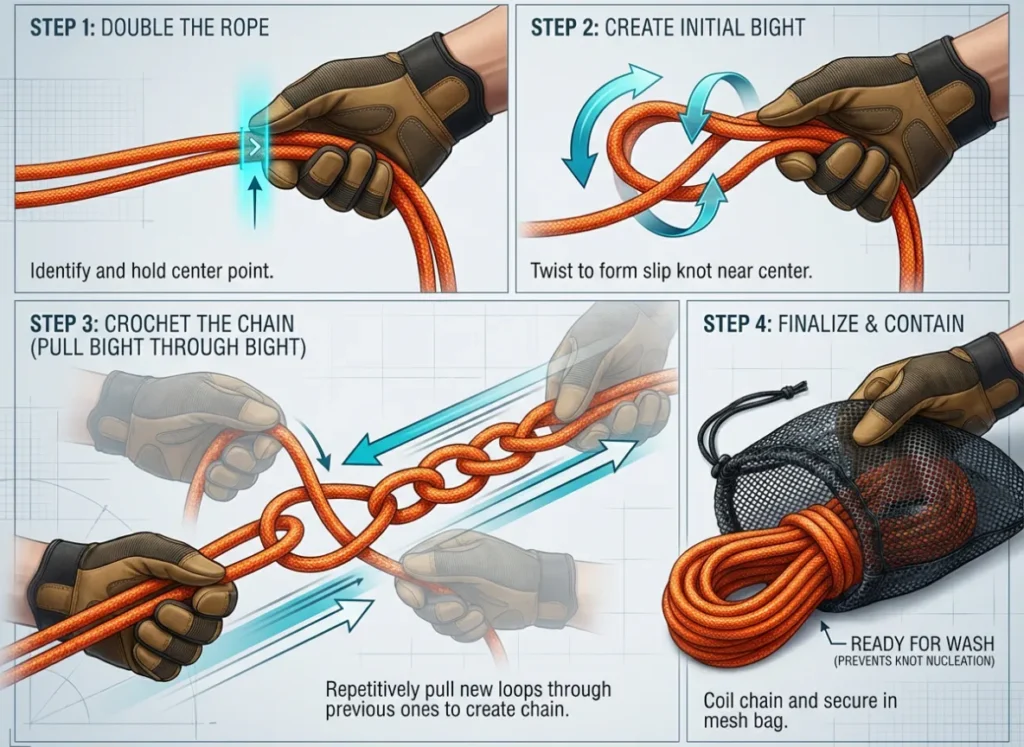 A four-step technical infographic illustrating the "Daisy Chain Technique" for preparing a climbing rope for washing. Panel 1 shows doubling the rope. Panel 2 shows creating the initial slip knot. Panel 3 demonstrates the repetitive "crocheting" action of pulling bights through bights. Panel 4 shows the finished rope chain being placed into a mesh laundry bag.