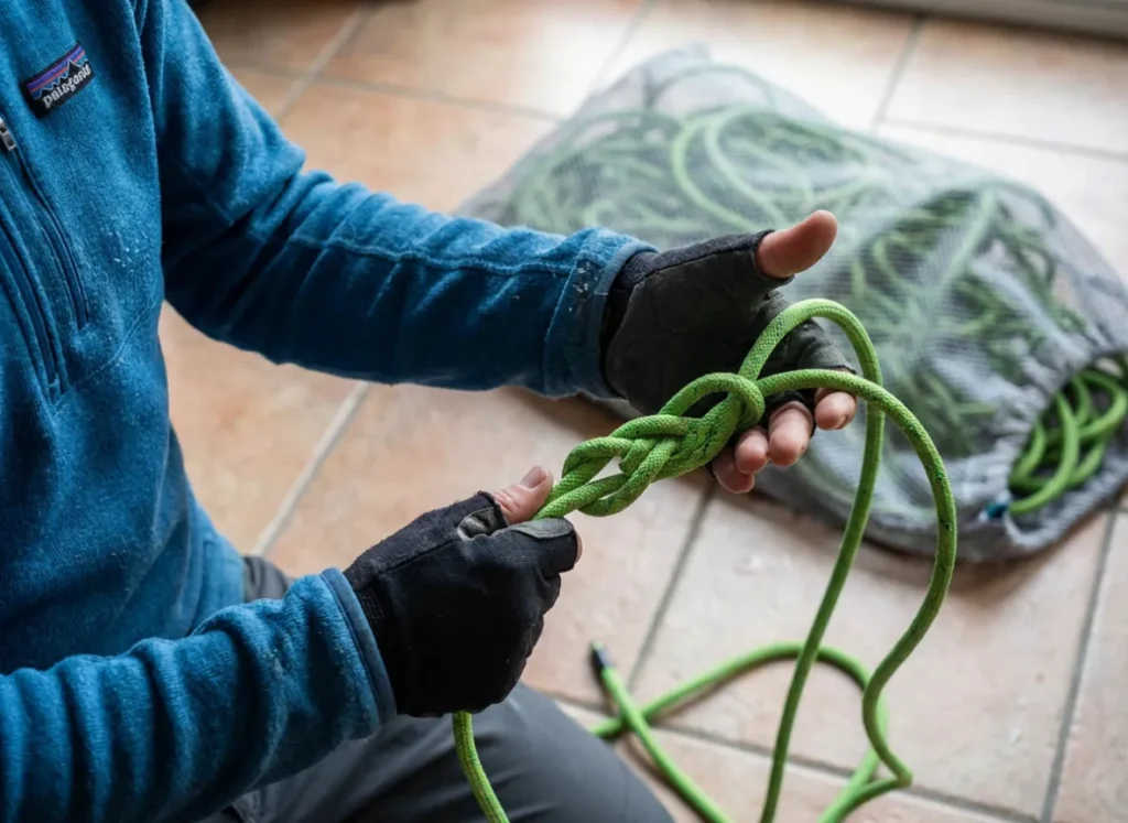 Climber in a Patagonia R1 pullover daisy chaining a green Edelrid rope to prevent tangles during washing.
