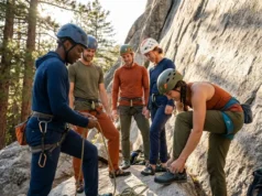 Diversity in Climbing: A Complete Guide for Active Allies A diverse group of rock climbers preparing their gear at the base of a sunny outdoor crag, flaking ropes and putting on shoes.