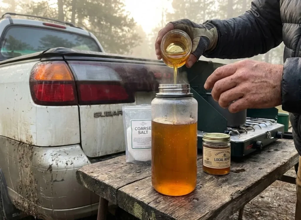 A climber mixing homemade electrolyte drink with honey and salt on a vehicle tailgate.
