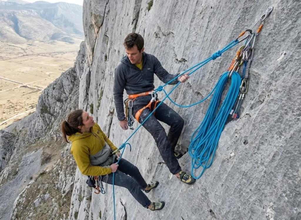 Climber in a Patagonia hoody at a hanging belay using a Mammut rope and the carabiner knot stacking method.