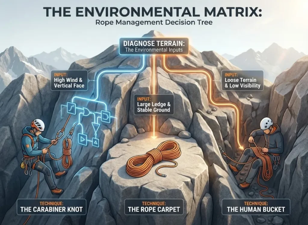 A dynamic semantic infographic titled "The Environmental Matrix," featuring an isometric logic map set against a stylized mountain cliff. The flowchart guides climbers through decisions based on wind speed, ledge size, and rock quality, leading to specific rope management techniques like the Carabiner Knot, Rope Carpet, and Human Bucket.