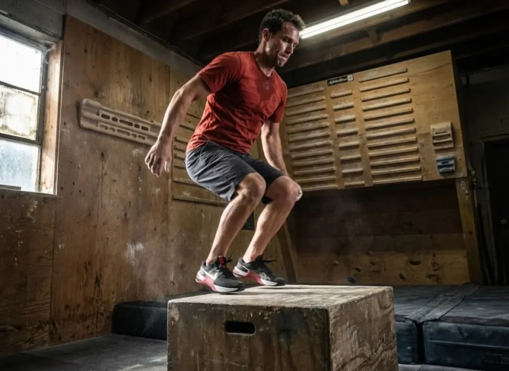 Climber in Nike Metcons and Black Diamond shorts performing box jumps near a Metolius campus board.