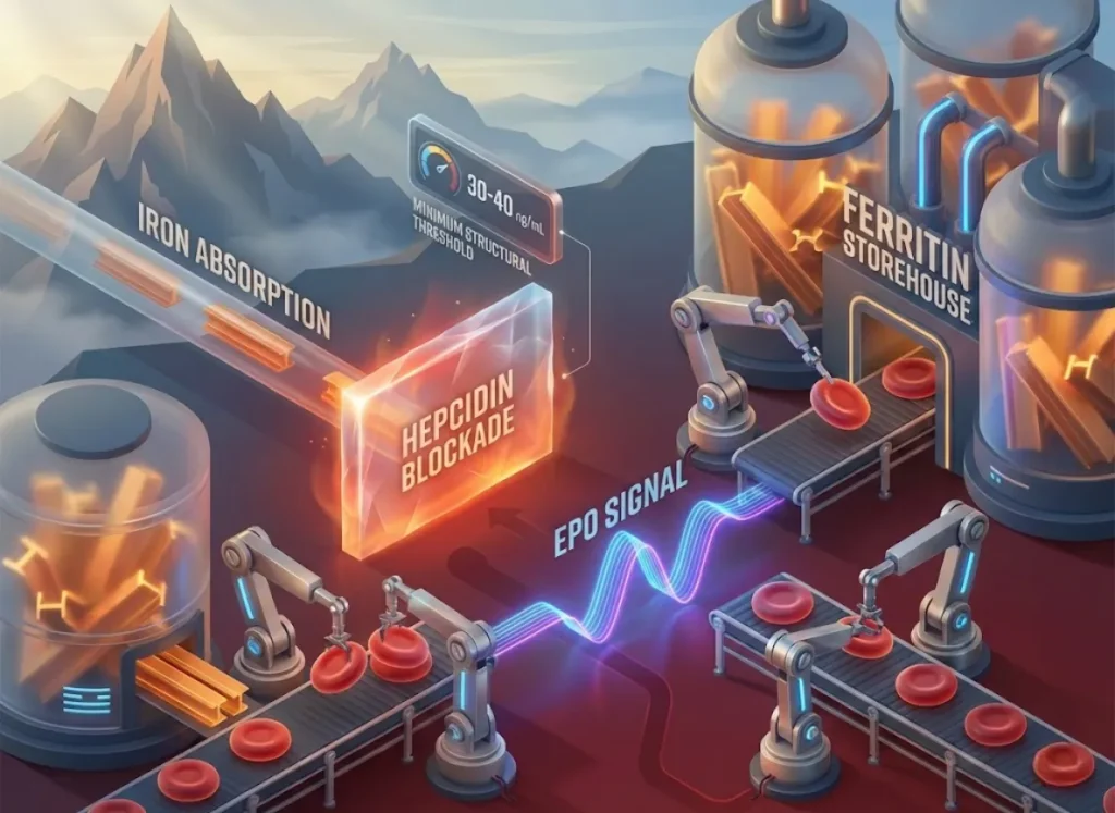 A 3D semantic infographic illustrating the iron-dependent process of erythropoiesis at high altitude. The visual shows ferritin as the structural 'steel' for new blood cells, contrasted against the inhibitory effect of hepcidin during hypoxic stress.
