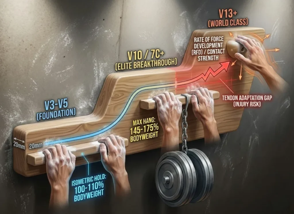 A sophisticated semantic infographic visualizing climbing finger strength benchmarks on a 20mm edge. It shows an ascending progression: "V3-V5 (Foundation)" at 100-110% Bodyweight, "V10 / 7C+ (Elite Breakthrough)" with added weight at 145-175% Bodyweight, and "V13+ (World Class)" emphasizing "Rate of Force Development (RFD) / Contact Strength."