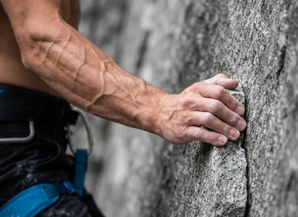 Close up of a vascular, pumped forearm gripping a rock, showing a Black Diamond harness and Metolius finger tape.