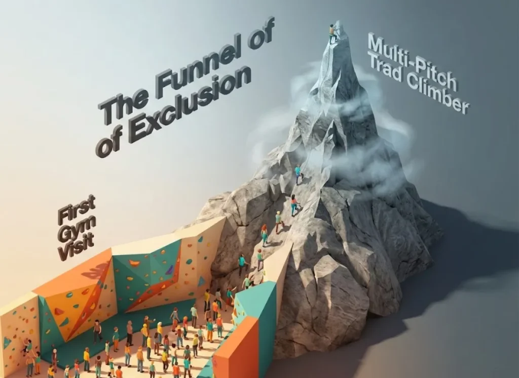 A premium 3D isometric infographic titled "The Funnel of Exclusion." It depicts a mountain that transitions from a colorful indoor climbing wall at the wide base to a narrow, rugged granite peak at the top, illustrating the drop-off in diversity within the climbing community.