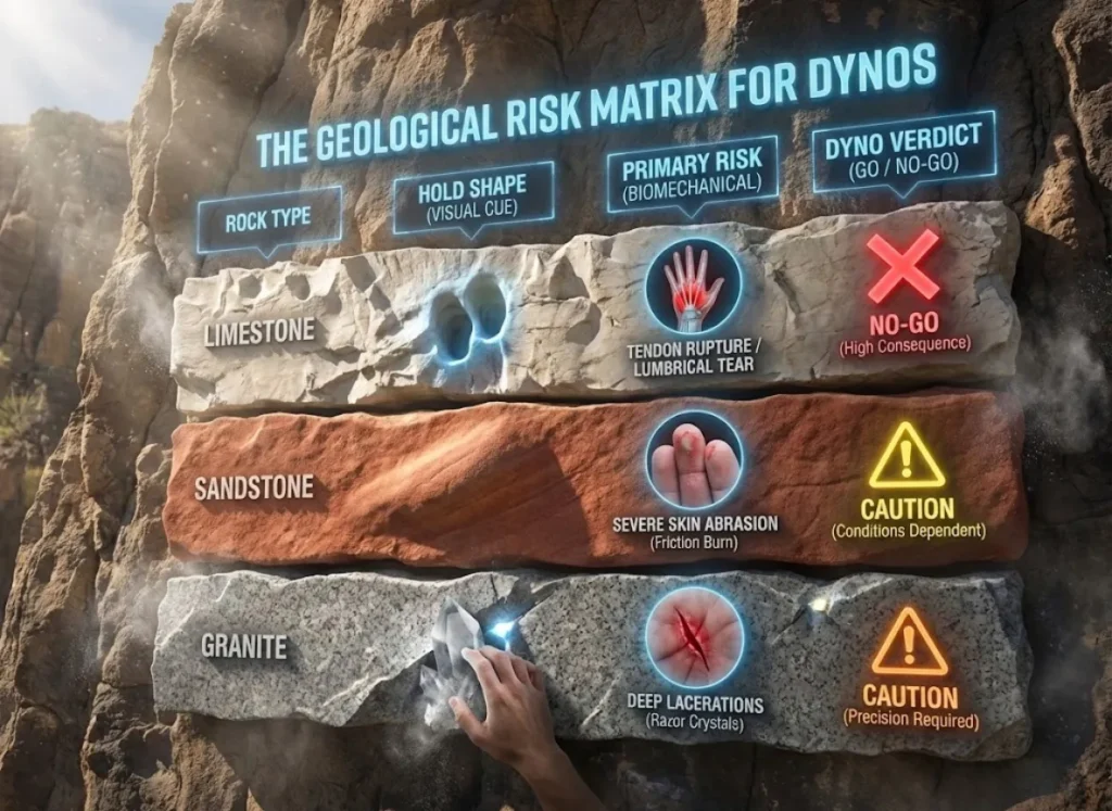 A semantic infographic titled "The Geological Risk Matrix for Dynos," presented as a three-row comparison table embedded in rock. The rows compare Limestone, Sandstone, and Granite based on Hold Shape, Primary Risk, and a Go/No-Go verdict for dynamic climbing movements, using visual cues like glowing red X's for high risk and cautionary icons for moderate risks.