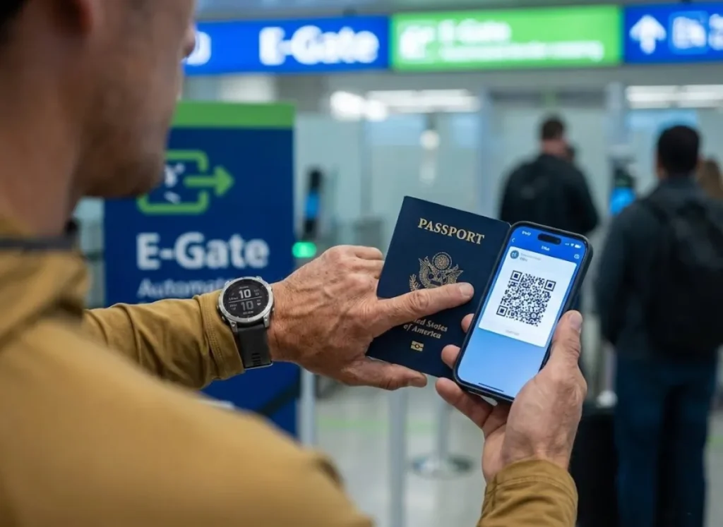 Close up of climber's hand holding passport and phone with digital visa, wearing Garmin Fenix 7 watch.