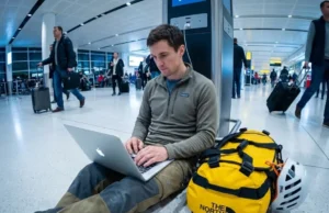 Global Climbing Travel Visa Guide: The 2026 Matrix Climber sitting on airport floor with The North Face duffel bag and Petzl helmet working on Apple MacBook Pro.