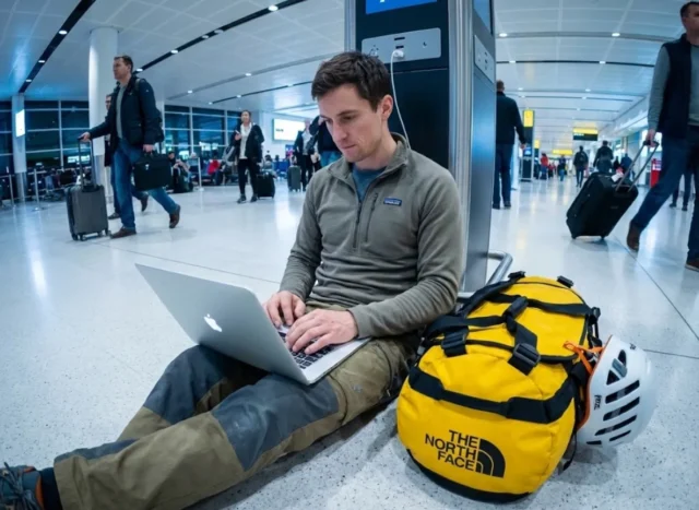 global-climbing-travel-visa-guide Climber sitting on airport floor with The North Face duffel bag and Petzl helmet working on Apple MacBook Pro.