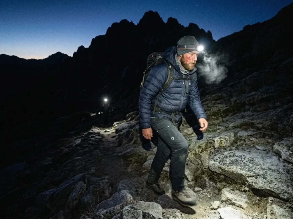 Climbers starting before dawn by headlamp on the Grand Teton ahead of afternoon storms
