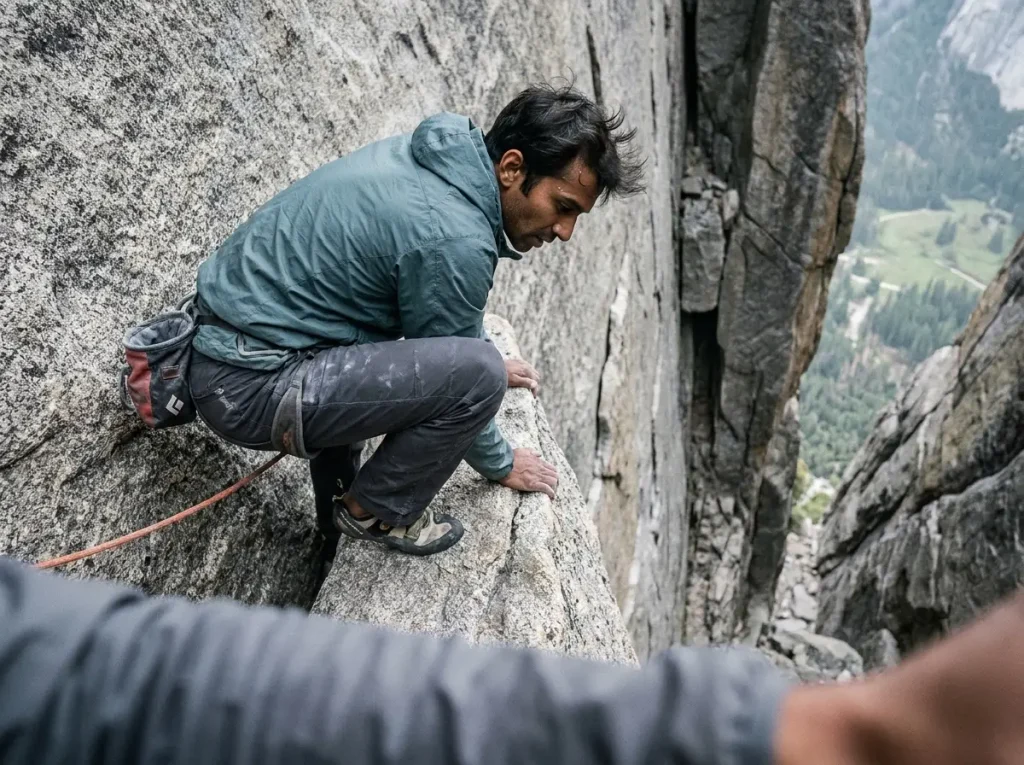 Climber on the exposed Catwalk traverse on the Grand Teton, low-angle high-consequence terrain