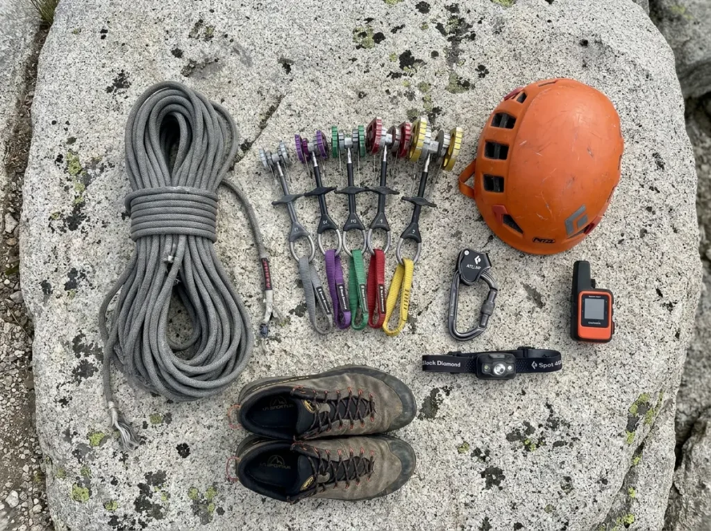 Lean alpine climbing kit laid out on granite for the Grand Teton, gear system overview