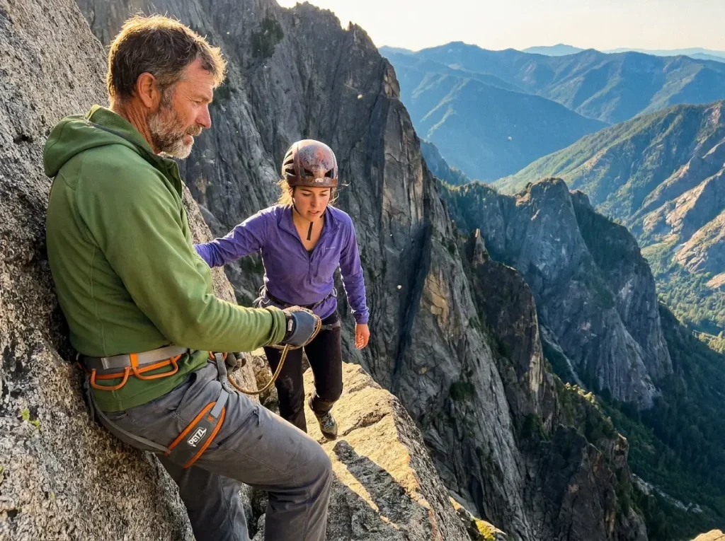 Mountain guide and client on the Grand Teton summit ridge weighing the guided climb decision