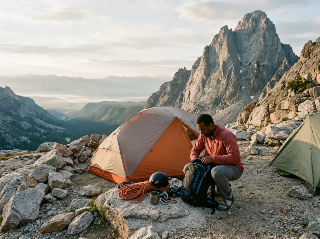 Tents at the Lower Saddle camp below the Grand Teton with a climber sorting gear at dawn