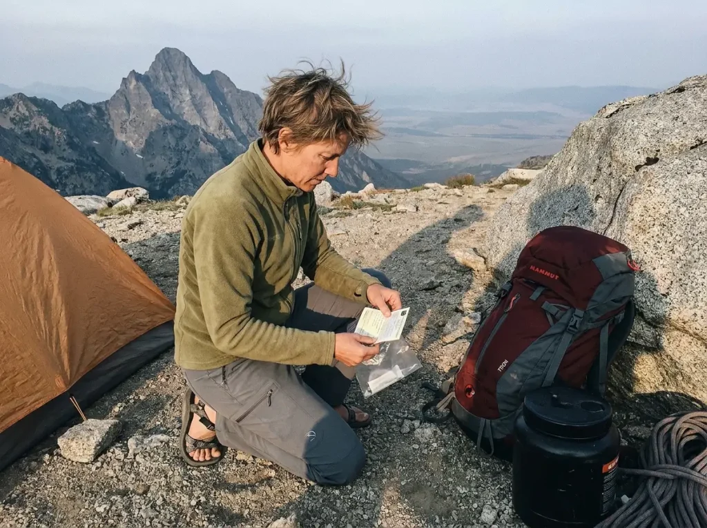 Climber at the Lower Saddle high camp on the Grand Teton organizing a permit and pack