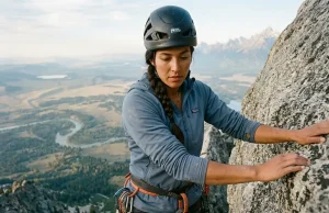 Is the Grand Teton Owen Spalding Route Really Just 5.4? Climber straddling the exposed Crawl on the Grand Teton Owen Spalding route with the valley far below