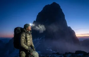 Grand Teton Owen Spalding Route: Complete Technical Guide A climber stands at the Lower Saddle looking up at the Grand Teton silhouette before dawn.