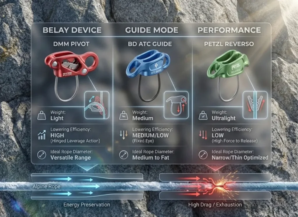 A sophisticated infographic comparing the guide mode performance of three belay devices: DMM Pivot, Black Diamond ATC Guide, and Petzl Reverso. It features photorealistic renders of the devices alongside a stylized comparison table detailing weight, lowering efficiency, and ideal rope diameters, set against an alpine rock climbing background.