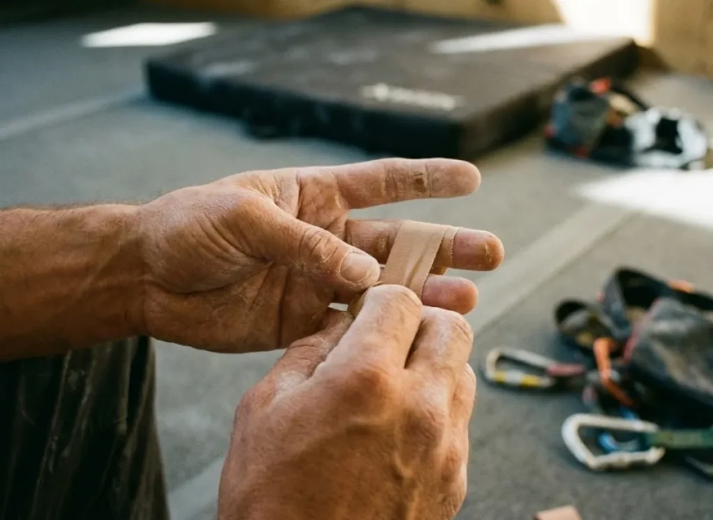 A climber taping their fingers to prevent injury during a training session.