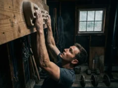 Hangboard Workouts for Beginners: A Safe Strength Blueprint A climber hanging on a wooden hangboard in a home gym, showing intense focus and chalky hands.