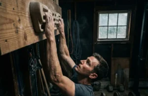 Hangboard Workouts for Beginners: A Safe Strength Blueprint A climber hanging on a wooden hangboard in a home gym, showing intense focus and chalky hands.