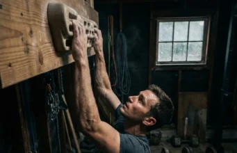 Hangboard Workouts for Beginners: A Safe Strength Blueprint A climber hanging on a wooden hangboard in a home gym, showing intense focus and chalky hands.
