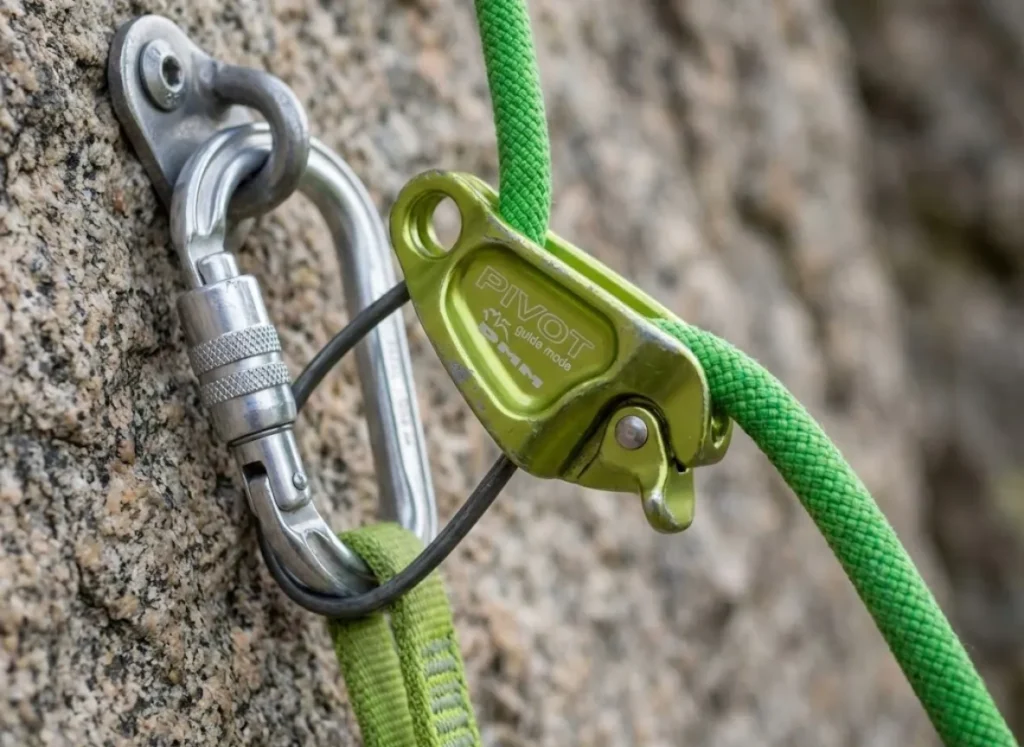 Macro shot of a scratched DMM Pivot belay device and Petzl Attache carabiner loaded with an Edelrid rop