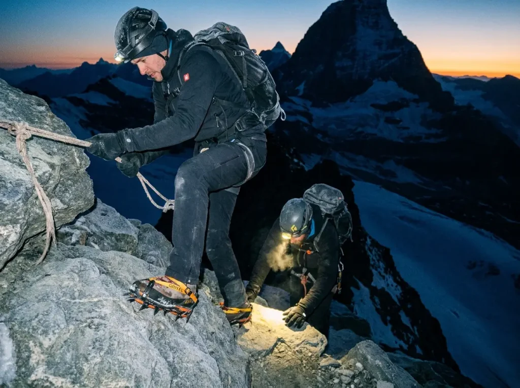 Climbers on the lower fixed ropes of the Hörnli Ridge at dawn climbing the Matterhorn route