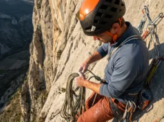 How to Clean a Sport Anchor: Visual Safety Guide Climber securing a Mammut rope at a cliff edge anchor wearing a Petzl helmet and Black Diamond harness.