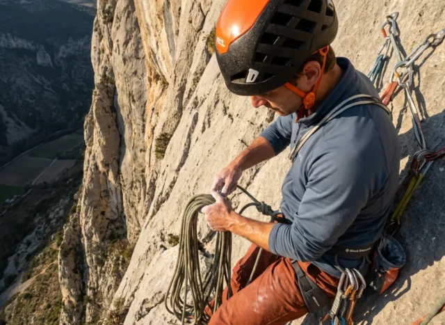 how-to-clean-sport-anchor-hero Climber securing a Mammut rope at a cliff edge anchor wearing a Petzl helmet and Black Diamond harness.