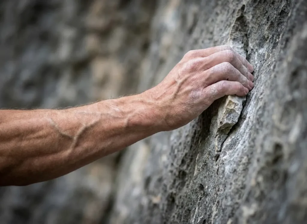 Close-up of a rock climber's vascular forearm muscles straining while gripping a rock hold.